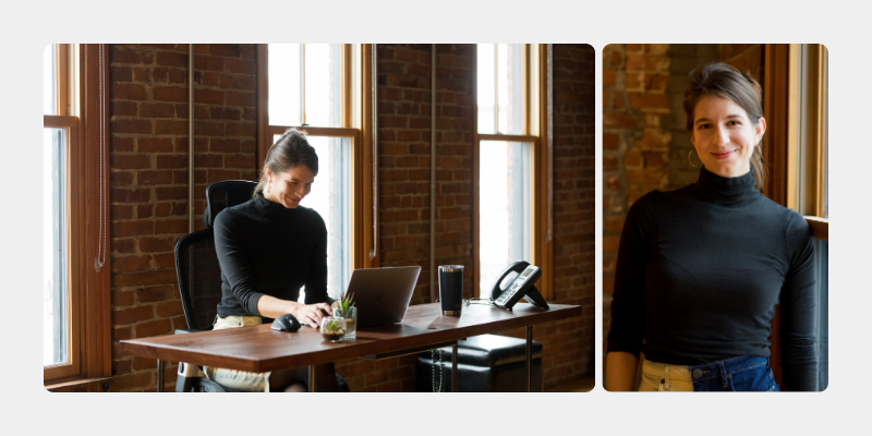 Sophie Bodnar working at a desk on the left and then a standing headshot on the right